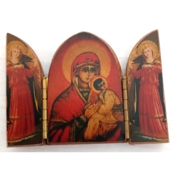 Vintage Triptych Wood Miniature Small Religious Folding Panels - Picture 7 of 9